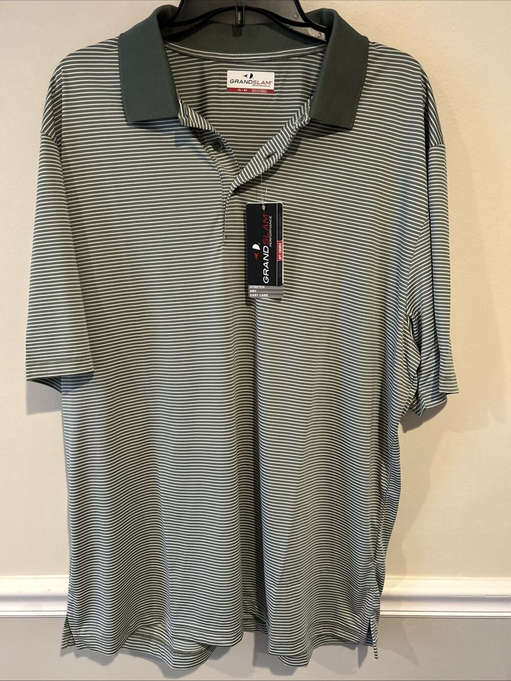 Grand Slam Performance Polo Shirt Mens Sz XL Green White Striped Stretch Wicking
